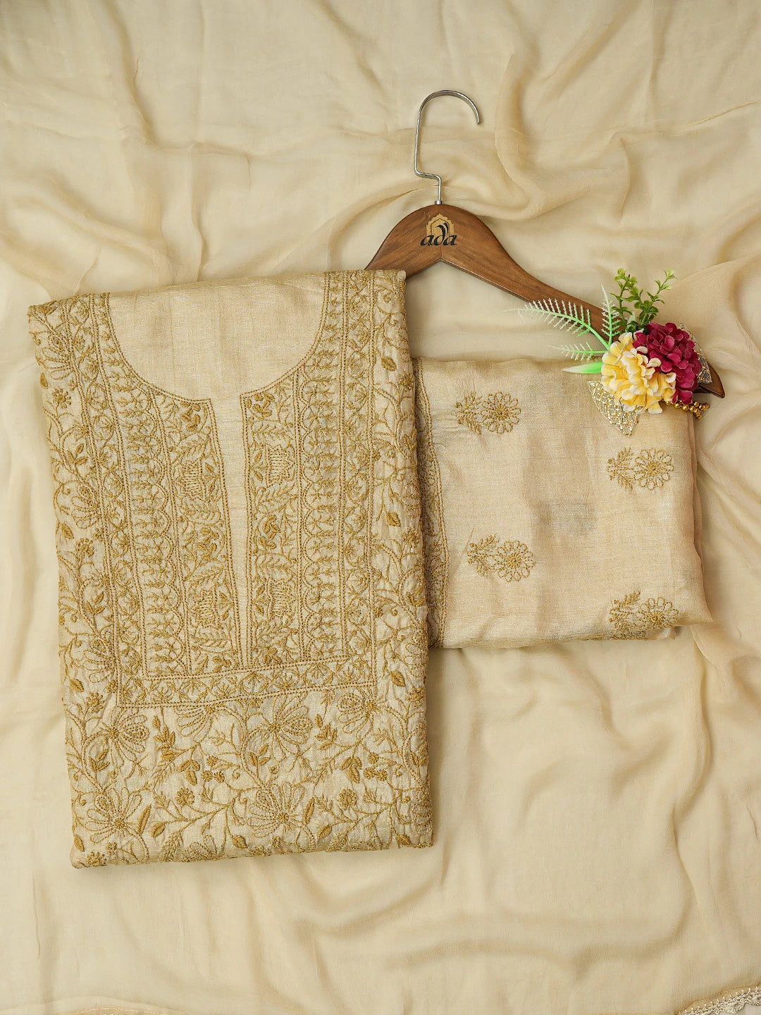 Ada Hand Embroidered Fawn Silk Lucknowi Chikankari Unstitched Suit Piece 01A546597