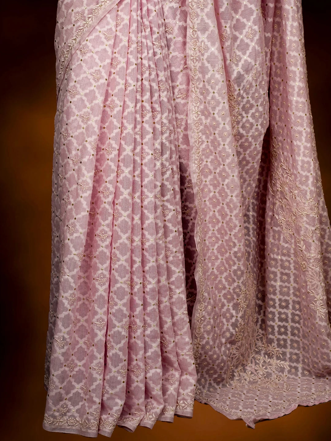 Ada Hand Embroidered Pink Chanderi Lucknowi Chikankari Saree and Blouse 01A696256