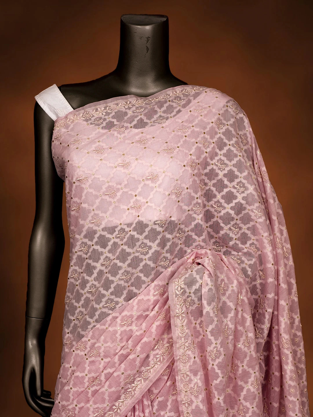 Ada Hand Embroidered Pink Chanderi Lucknowi Chikankari Saree and Blouse 01A696256