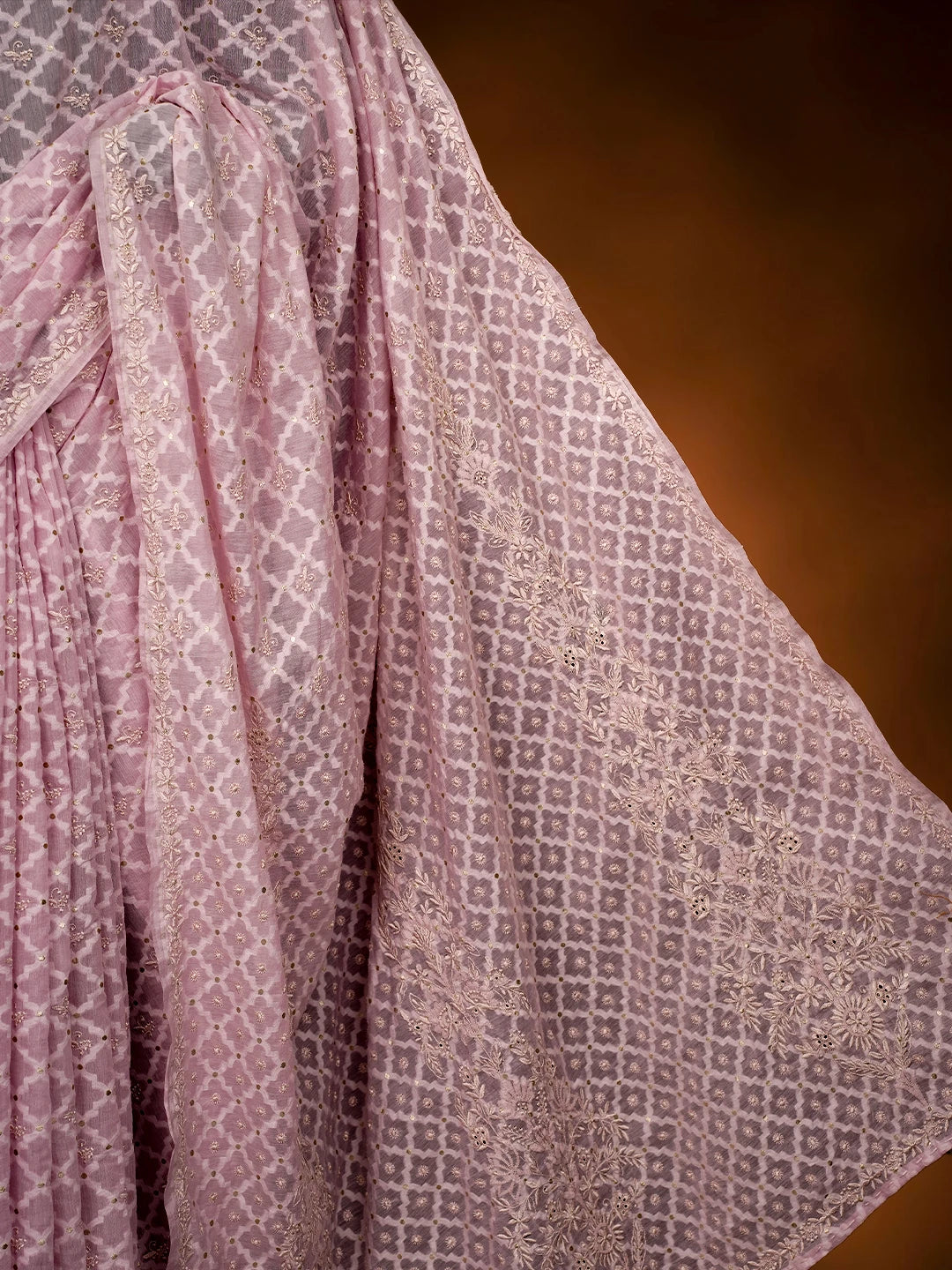 Ada Hand Embroidered Pink Chanderi Lucknowi Chikankari Saree and Blouse 01A696256
