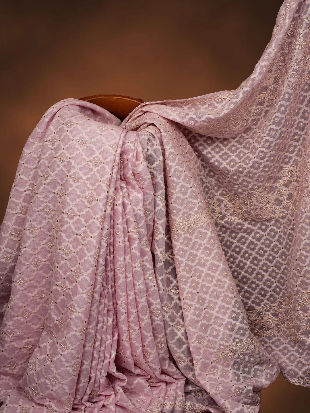 Ada Hand Embroidered Pink Chanderi Lucknowi Chikankari Saree and Blouse 01A696256