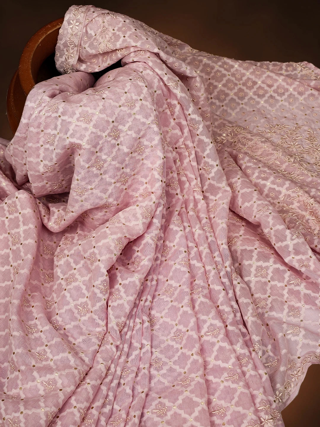 Ada Hand Embroidered Pink Chanderi Lucknowi Chikankari Saree and Blouse 01A696256
