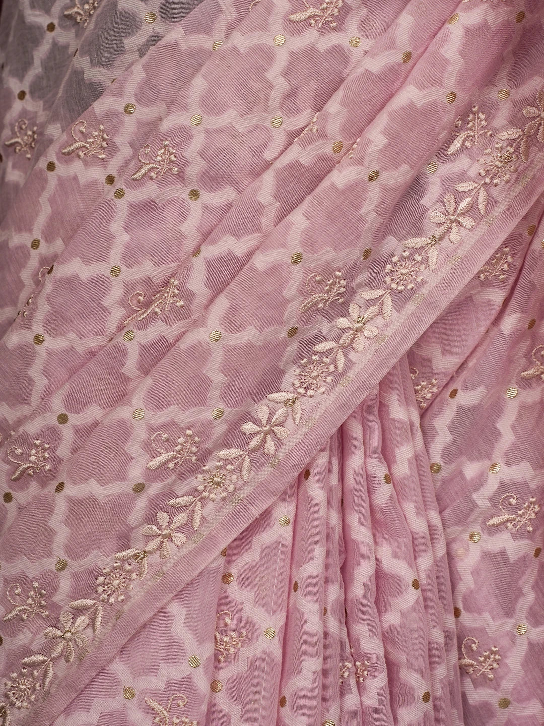 Ada Hand Embroidered Pink Chanderi Lucknowi Chikankari Saree and Blouse 01A696256