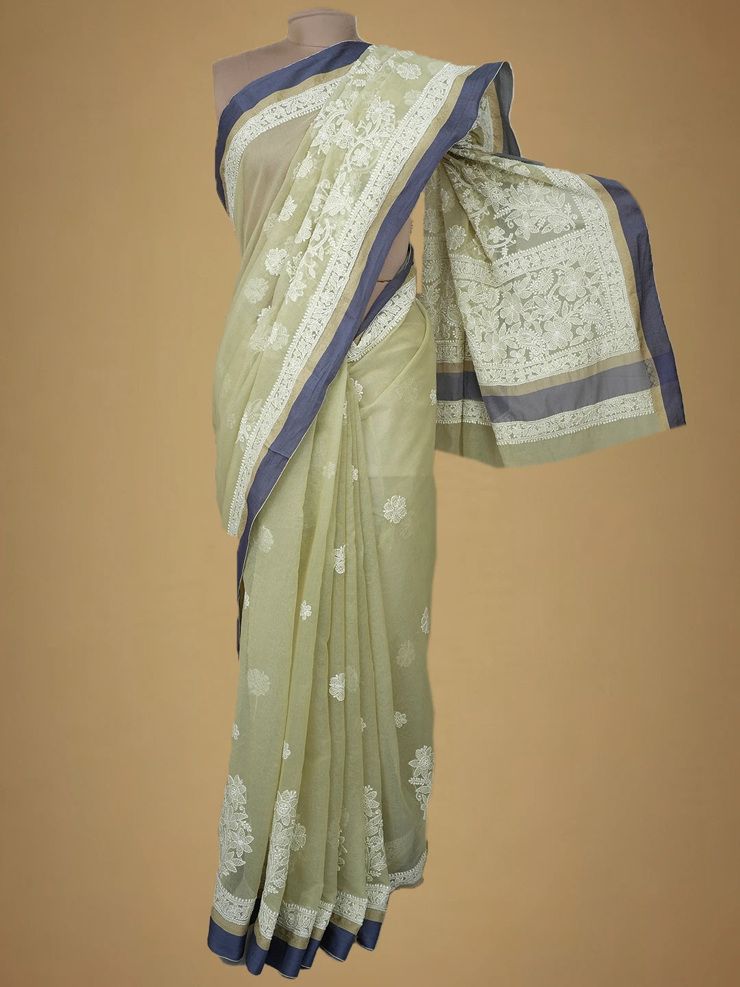 Ada Hand Embroidered Olive Green Chanderi Lucknowi Chikankari Saree and Blouse 01A719826