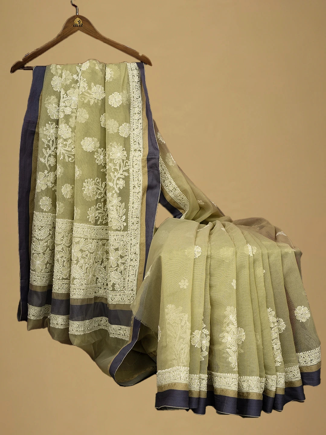 Ada Hand Embroidered Olive Green Chanderi Lucknowi Chikankari Saree and Blouse 01A719826
