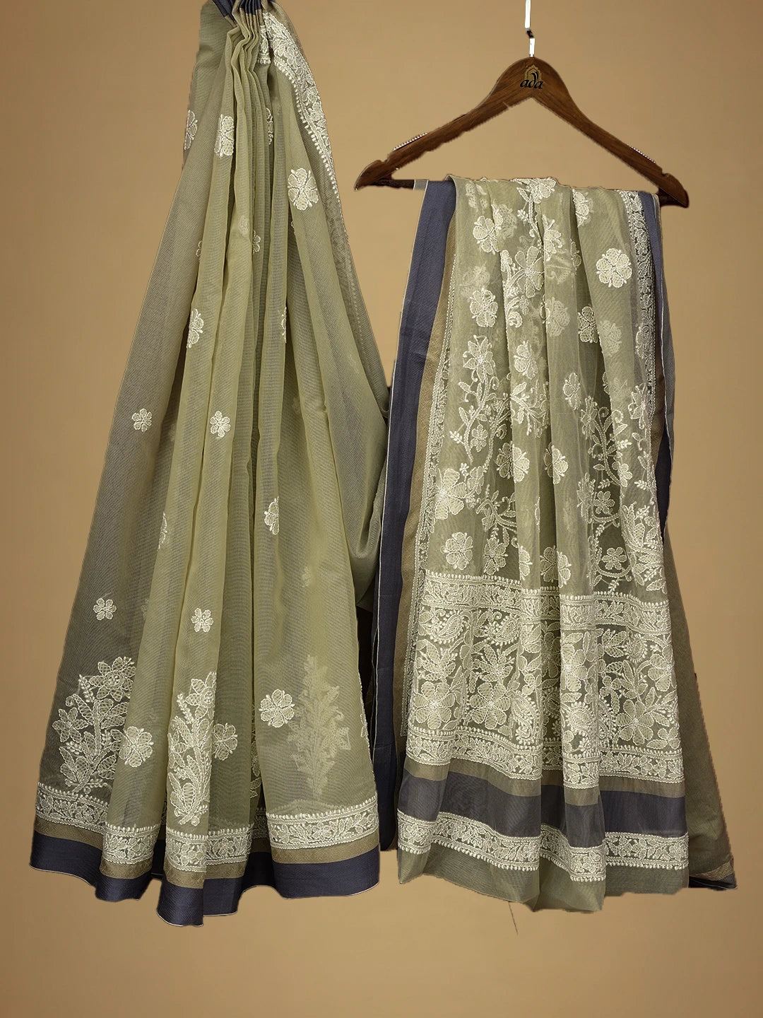 Ada Hand Embroidered Olive Green Chanderi Lucknowi Chikankari Saree and Blouse 01A719826