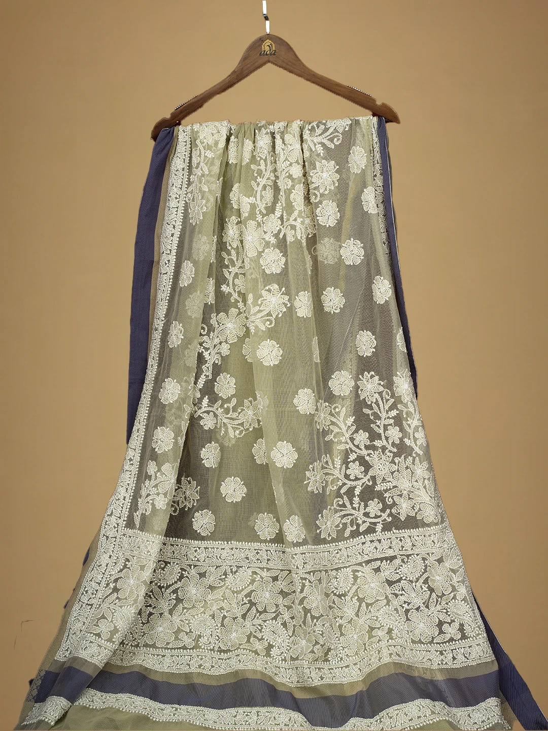 Ada Hand Embroidered Olive Green Chanderi Lucknowi Chikankari Saree and Blouse 01A719826