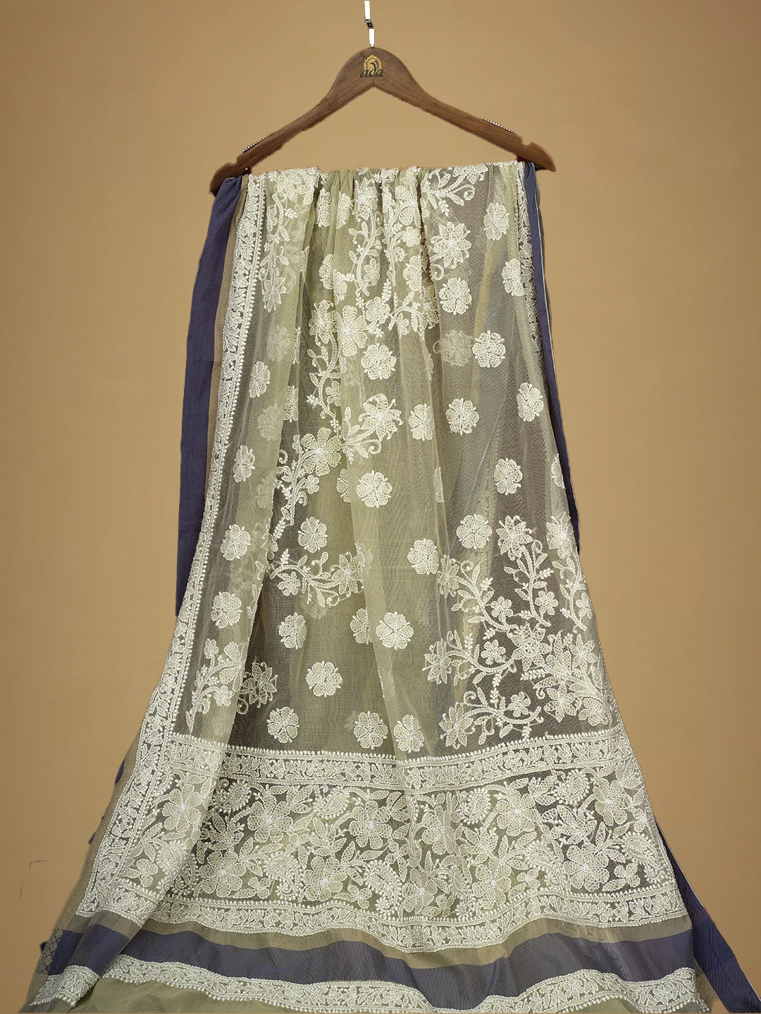 Ada Hand Embroidered Olive Green Chanderi Lucknowi Chikankari Saree and Blouse 01A719826