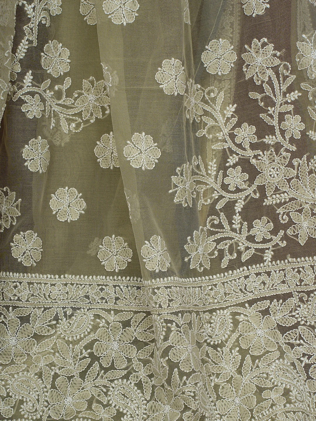 Ada Hand Embroidered Olive Green Chanderi Lucknowi Chikankari Saree and Blouse 01A719826
