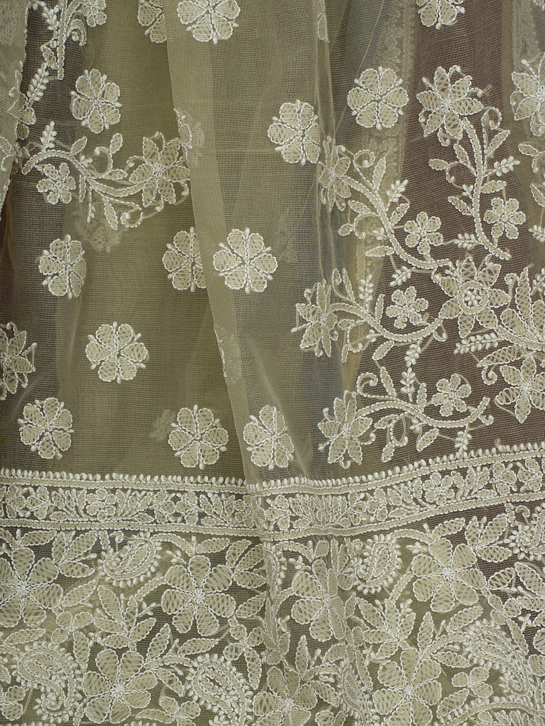 Ada Hand Embroidered Olive Green Chanderi Lucknowi Chikankari Saree and Blouse 01A719826