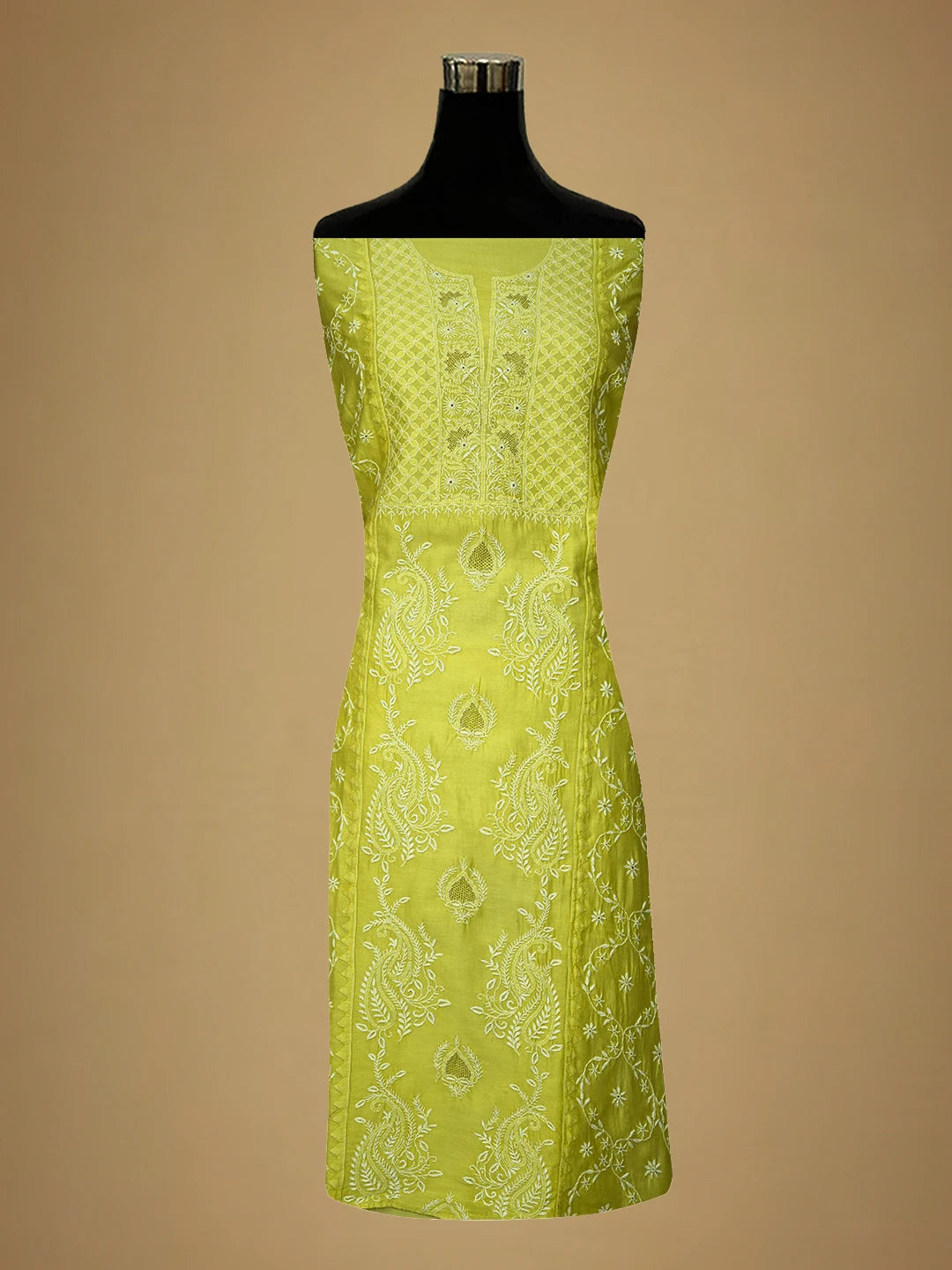 Ada Hand Embroidered Lemon Chanderi Lucknowi Chikankari Semi-Stitched Kurta Dupatta Set 01A639528