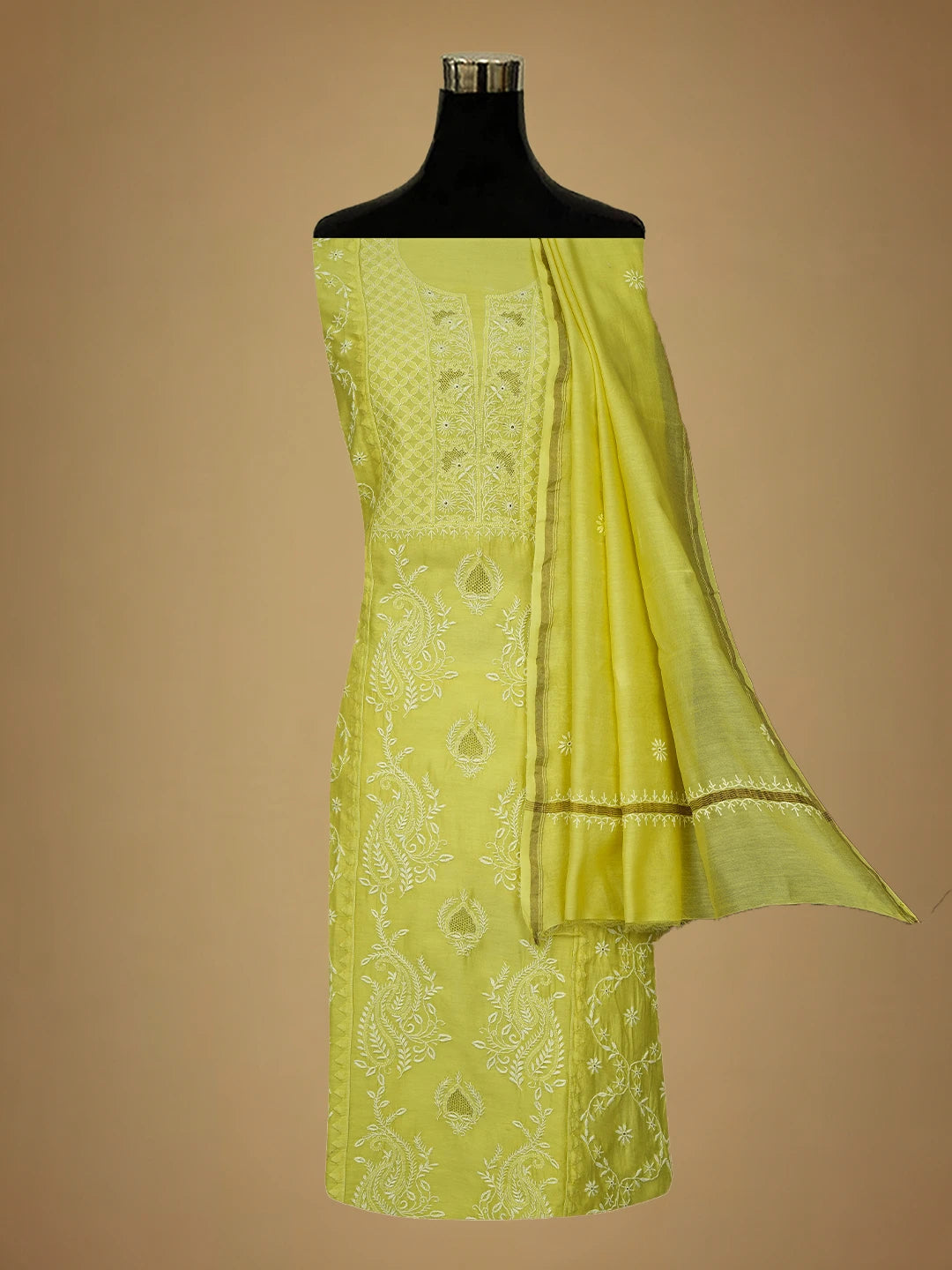 Ada Hand Embroidered Lemon Chanderi Lucknowi Chikankari Semi-Stitched Kurta Dupatta Set 01A639528