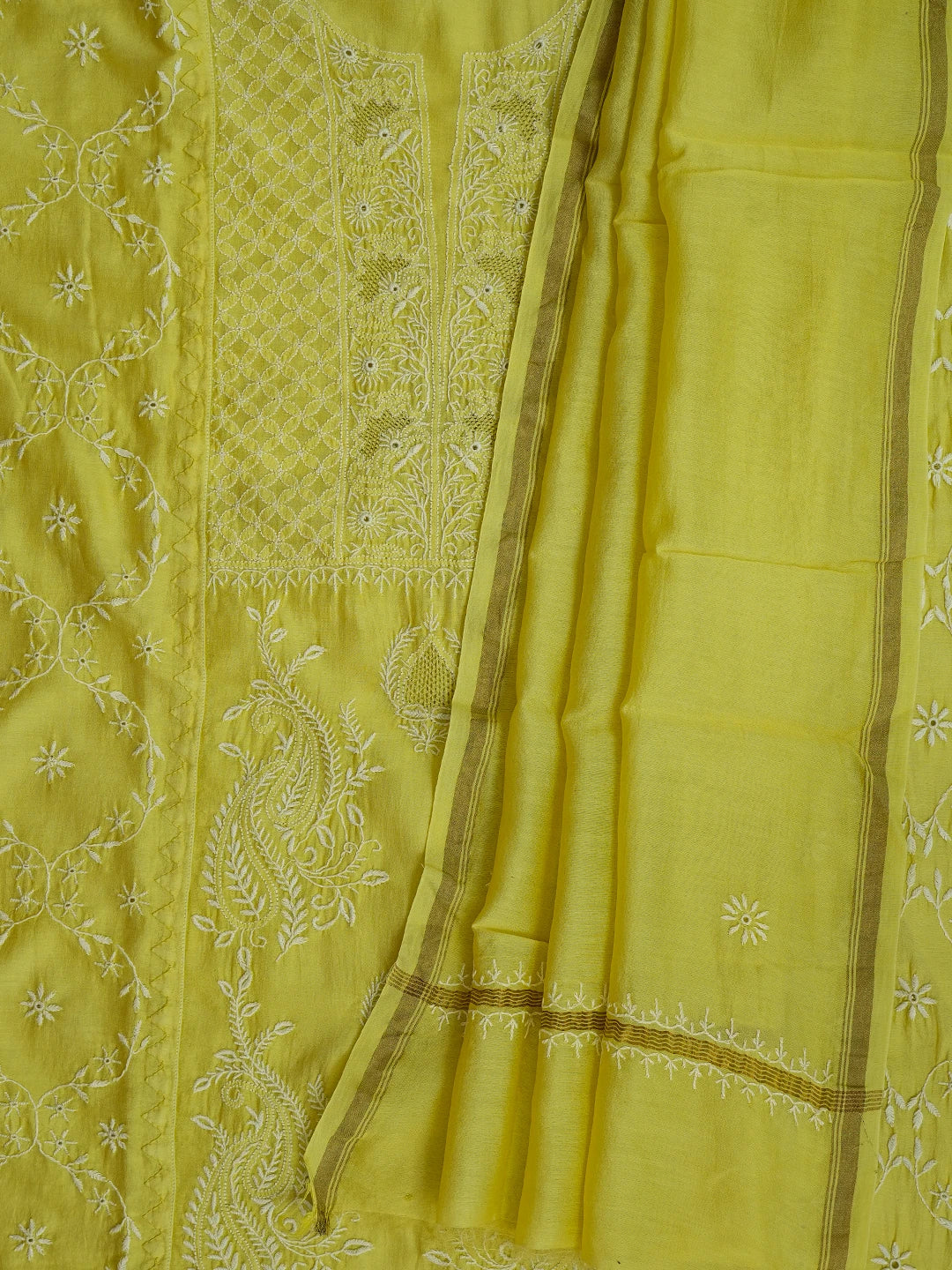 Ada Hand Embroidered Lemon Chanderi Lucknowi Chikankari Semi-Stitched Kurta Dupatta Set 01A639528