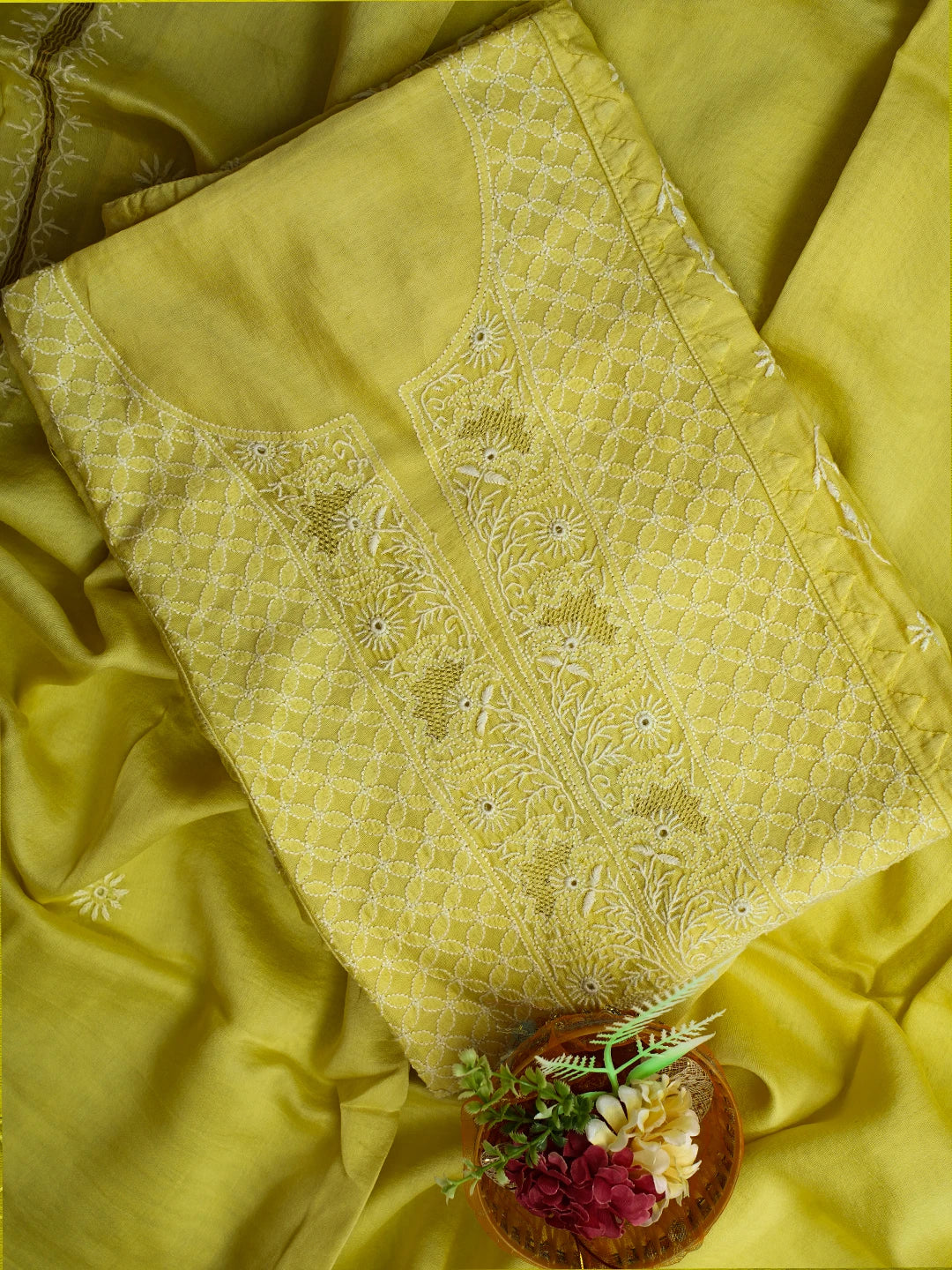 Ada Hand Embroidered Lemon Chanderi Lucknowi Chikankari Semi-Stitched Kurta Dupatta Set 01A639528