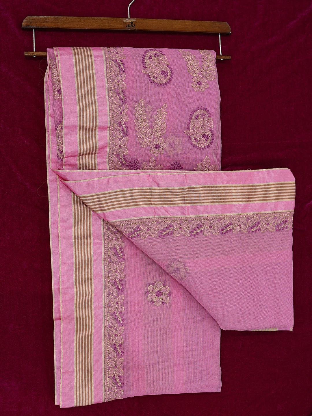 Ada Hand Embroidered Pink Kota Chanderi Lucknowi Chikankari Saree and Blouse 01A680970