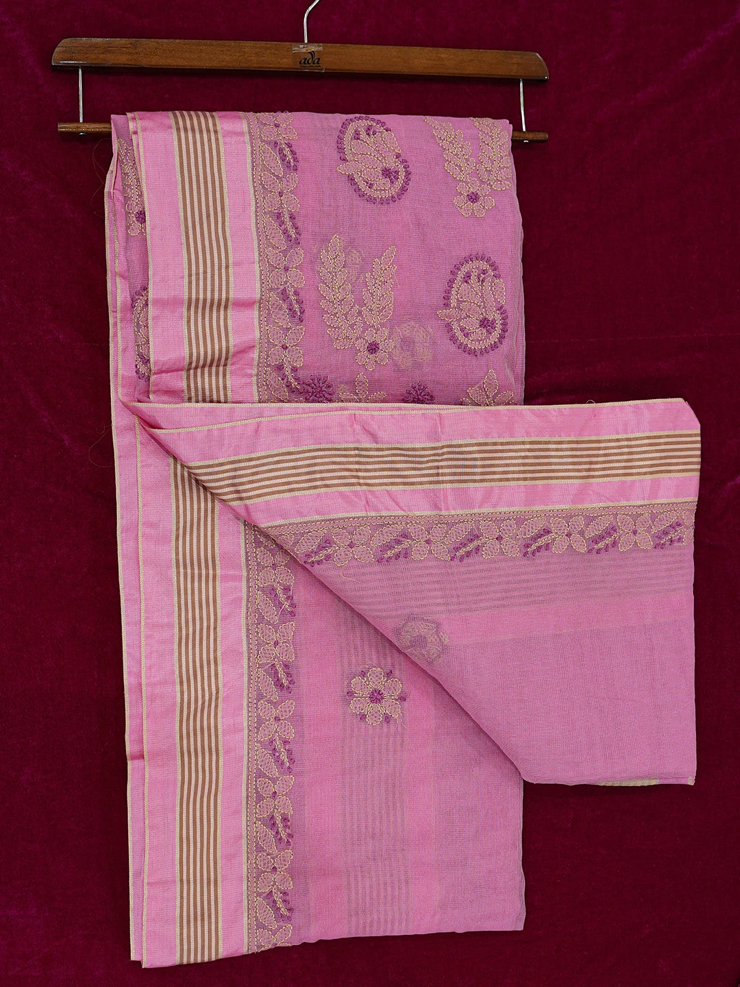 Ada Hand Embroidered Pink Kota Chanderi Lucknowi Chikankari Saree and Blouse 01A680970