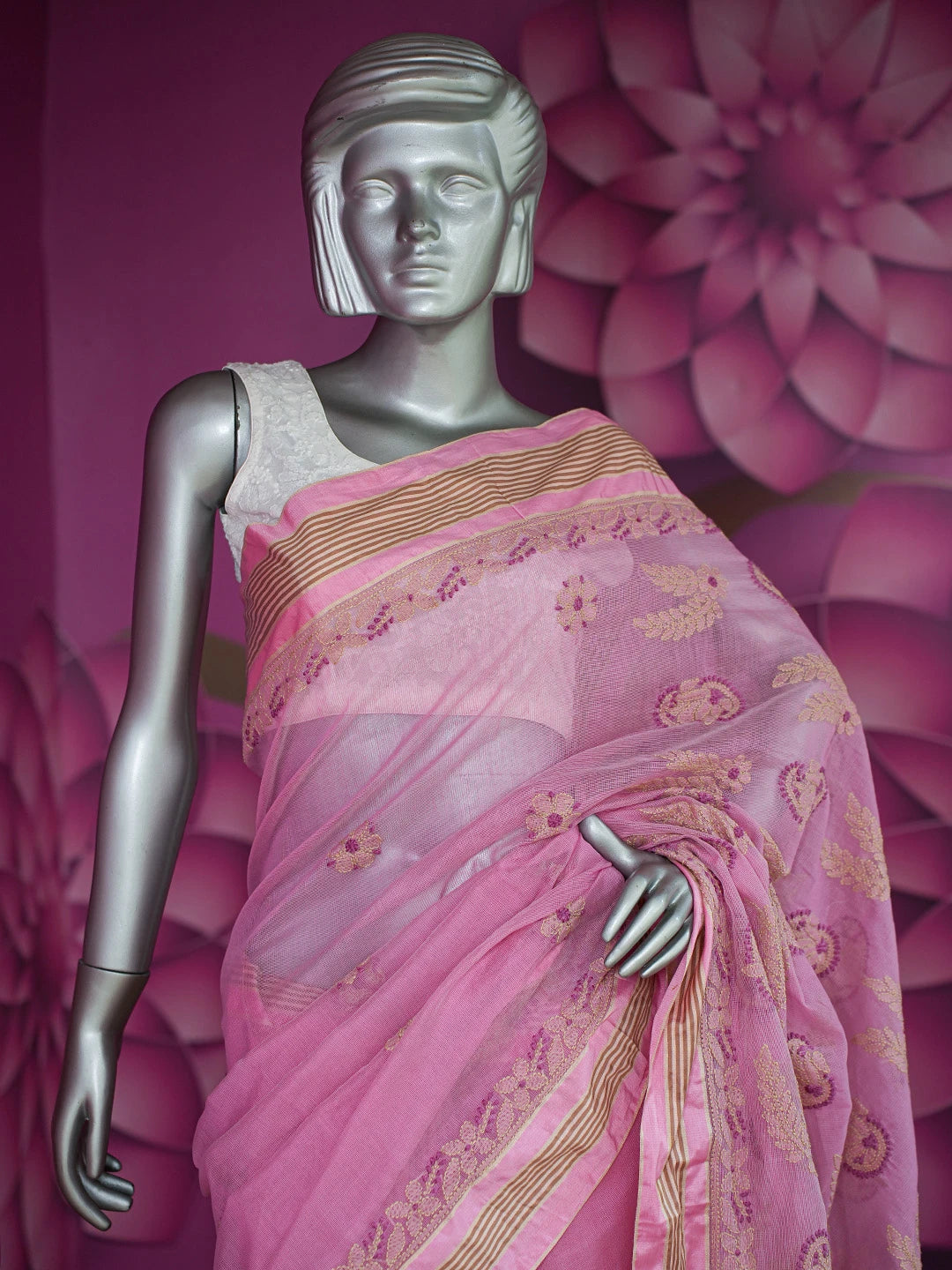 Ada Hand Embroidered Pink Kota Chanderi Lucknowi Chikankari Saree and Blouse 01A680970