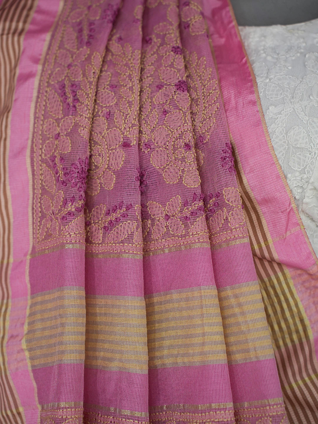 Ada Hand Embroidered Pink Kota Chanderi Lucknowi Chikankari Saree and Blouse 01A680970