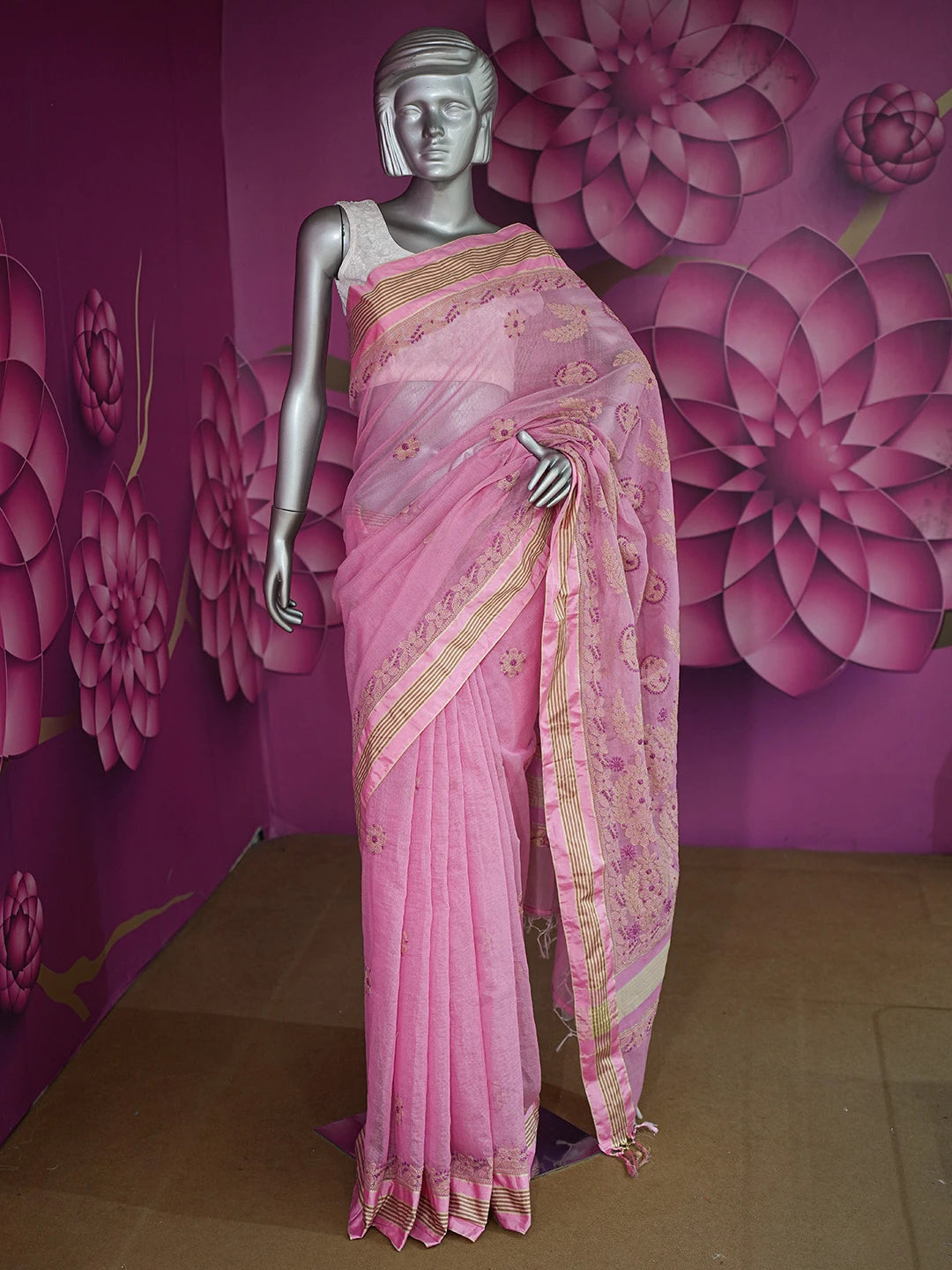 Ada Hand Embroidered Pink Kota Chanderi Lucknowi Chikankari Saree and Blouse 01A680970