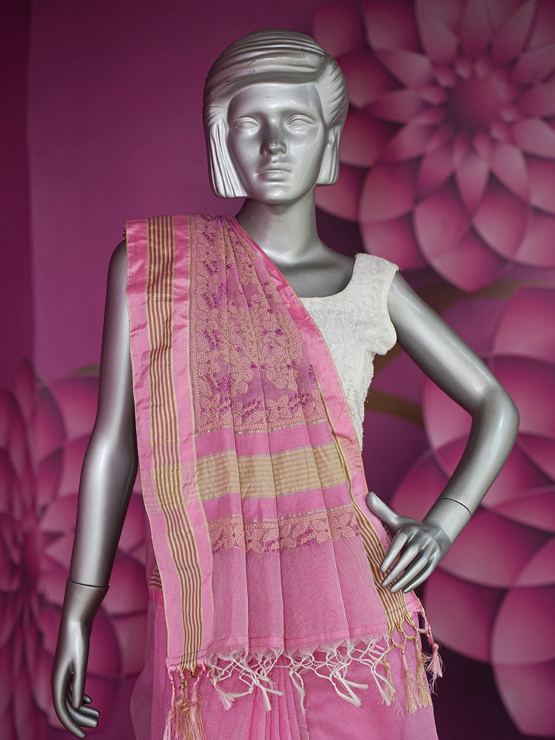Ada Hand Embroidered Pink Kota Chanderi Lucknowi Chikankari Saree and Blouse 01A680970