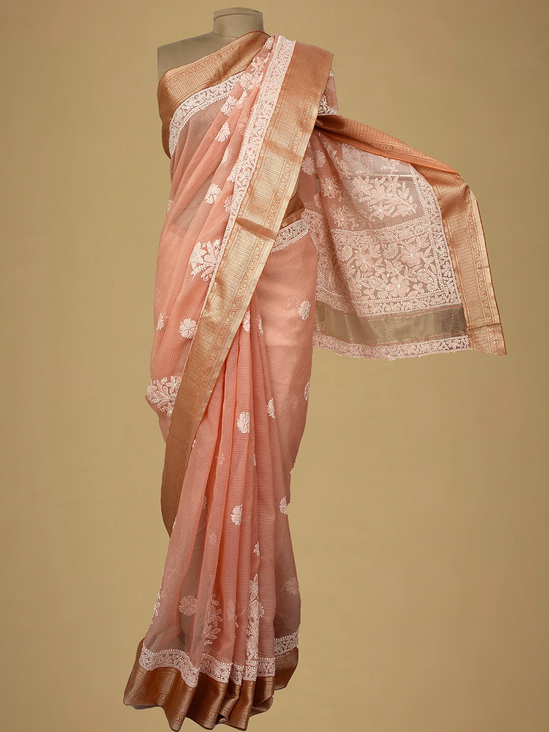 Ada Hand Embroidered Peach Chanderi Lucknowi Chikankari Saree and Blouse 01A719821