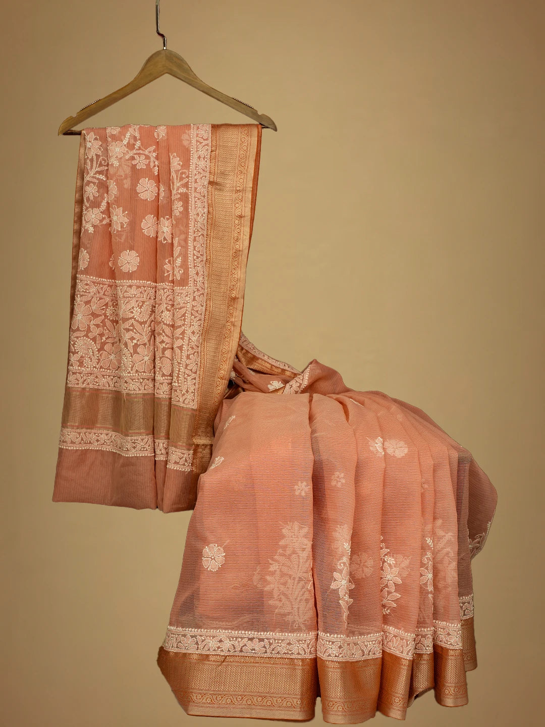 Ada Hand Embroidered Peach Chanderi Lucknowi Chikankari Saree and Blouse 01A719821