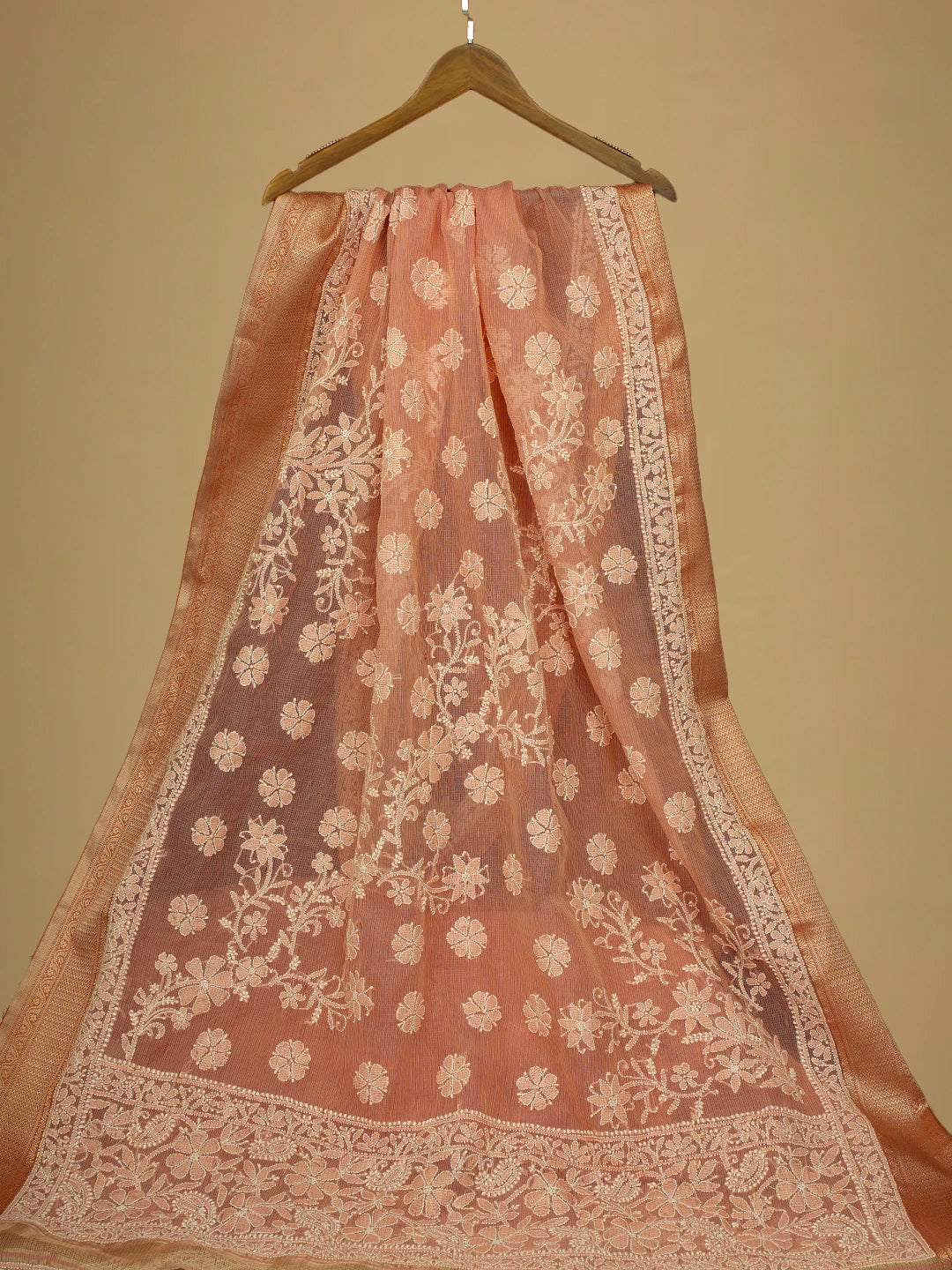 Ada Hand Embroidered Peach Chanderi Lucknowi Chikankari Saree and Blouse 01A719821
