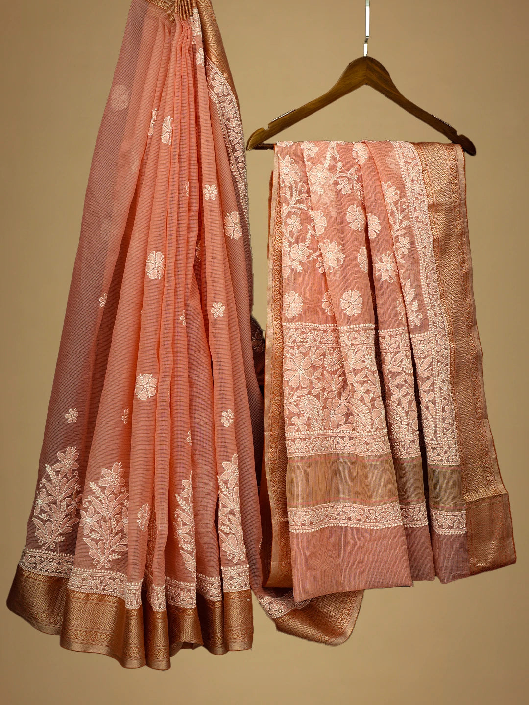 Ada Hand Embroidered Peach Chanderi Lucknowi Chikankari Saree and Blouse 01A719821