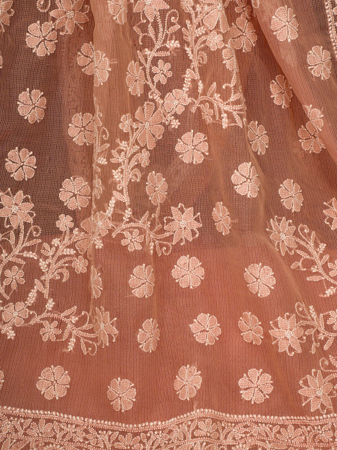 Ada Hand Embroidered Peach Chanderi Lucknowi Chikankari Saree and Blouse 01A719821