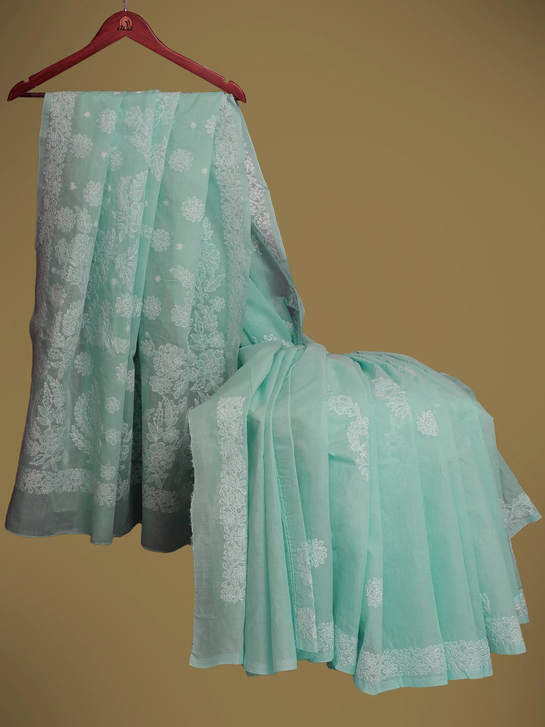 Ada Hand Embroidered Sky Blue Cotton Lucknowi Chikankari Saree and Blouse 01A568124