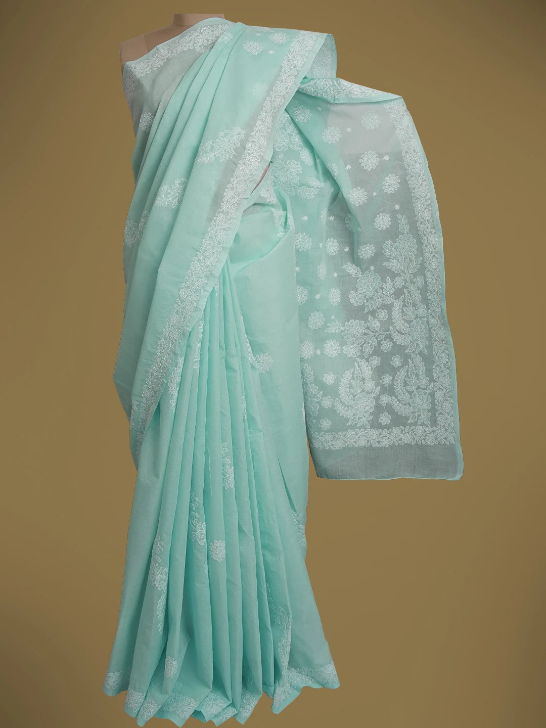 Ada Hand Embroidered Sky Blue Cotton Lucknowi Chikankari Saree and Blouse 01A568124