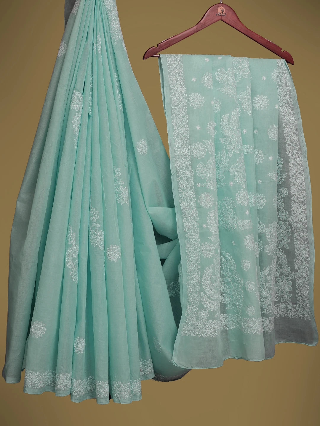 Ada Hand Embroidered Sky Blue Cotton Lucknowi Chikankari Saree and Blouse 01A568124