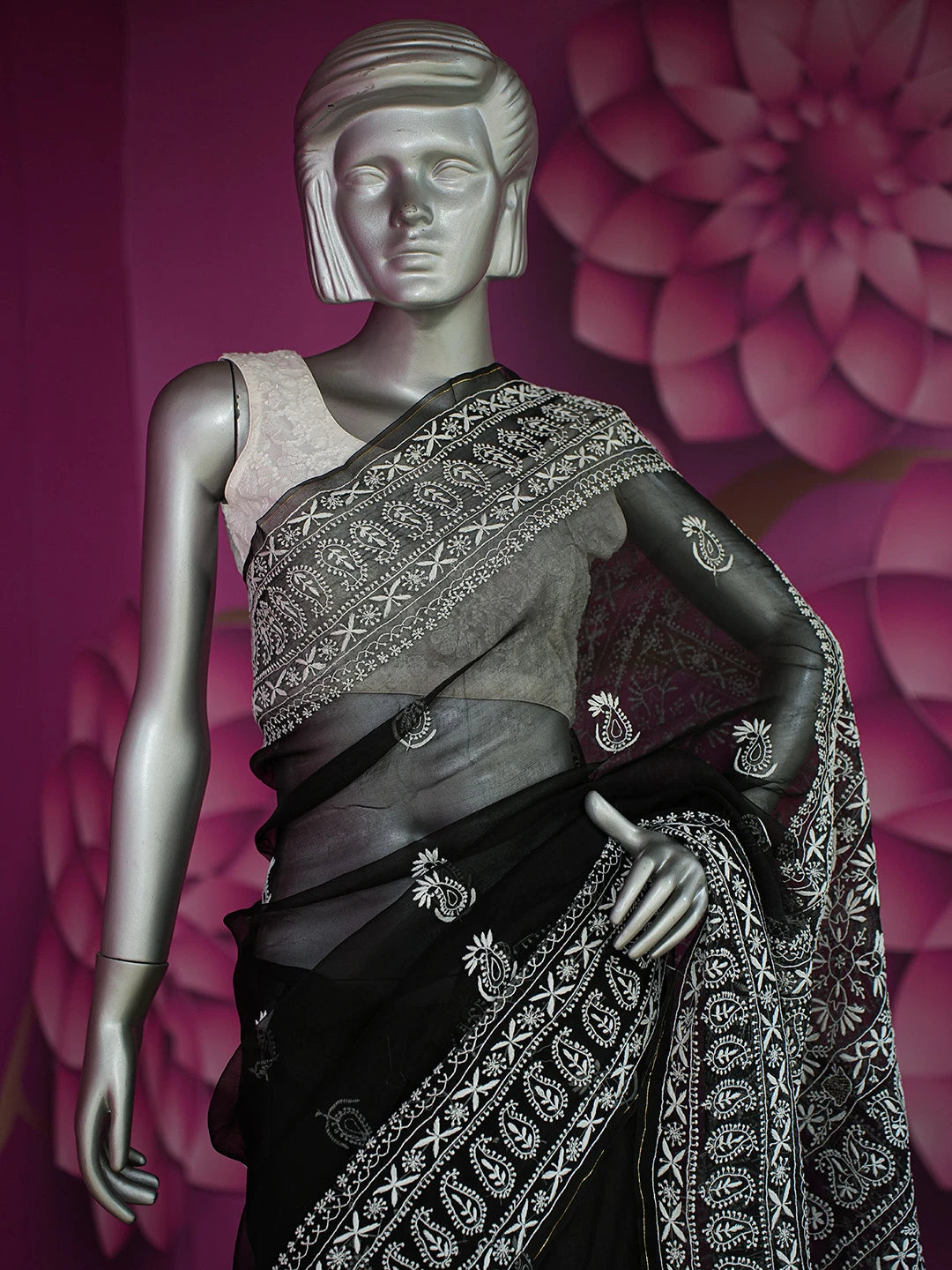 Ada Hand Embroidered Black Organza Lucknowi Chikankari Saree and Blouse With Zari Work 01A686993