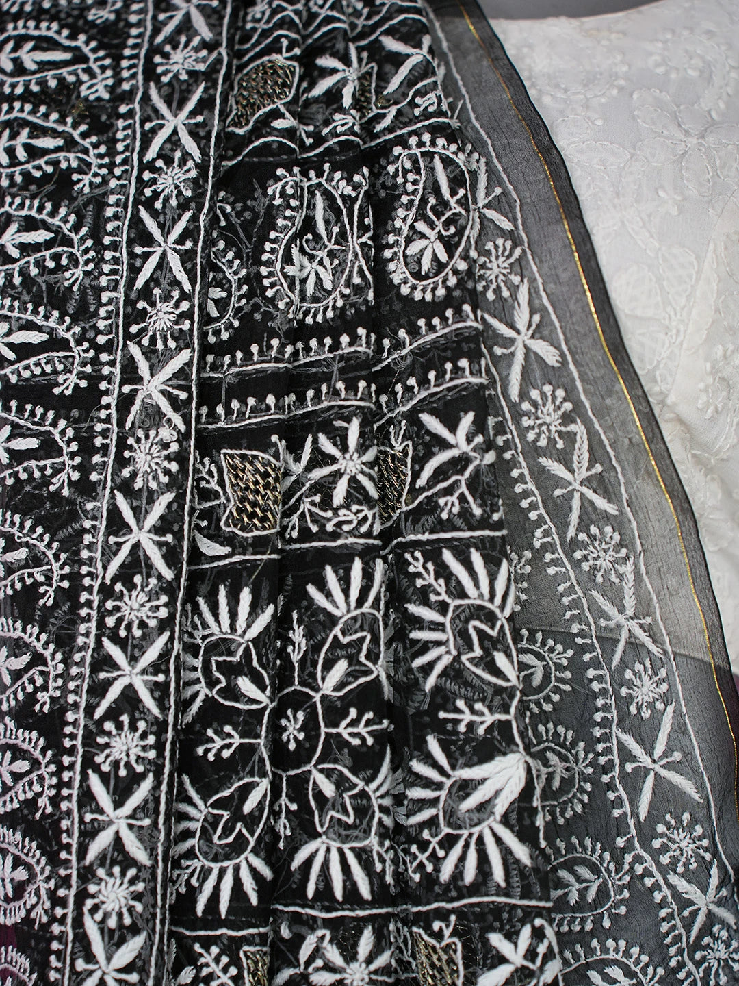 Ada Hand Embroidered Black Organza Lucknowi Chikankari Saree and Blouse With Zari Work 01A686993