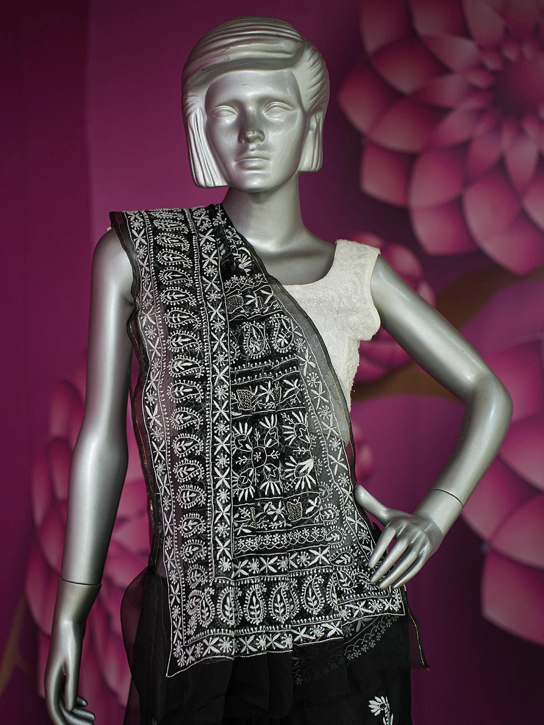 Ada Hand Embroidered Black Organza Lucknowi Chikankari Saree and Blouse With Zari Work 01A686993
