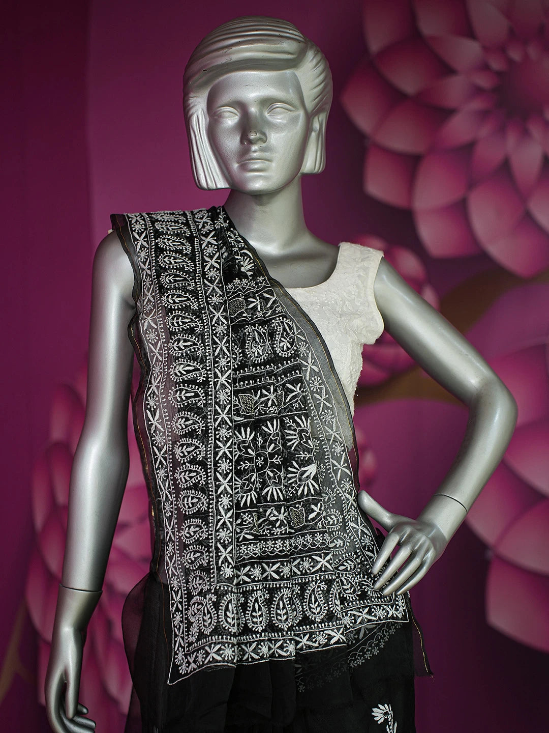 Ada Hand Embroidered Black Organza Lucknowi Chikankari Saree and Blouse With Zari Work 01A686993