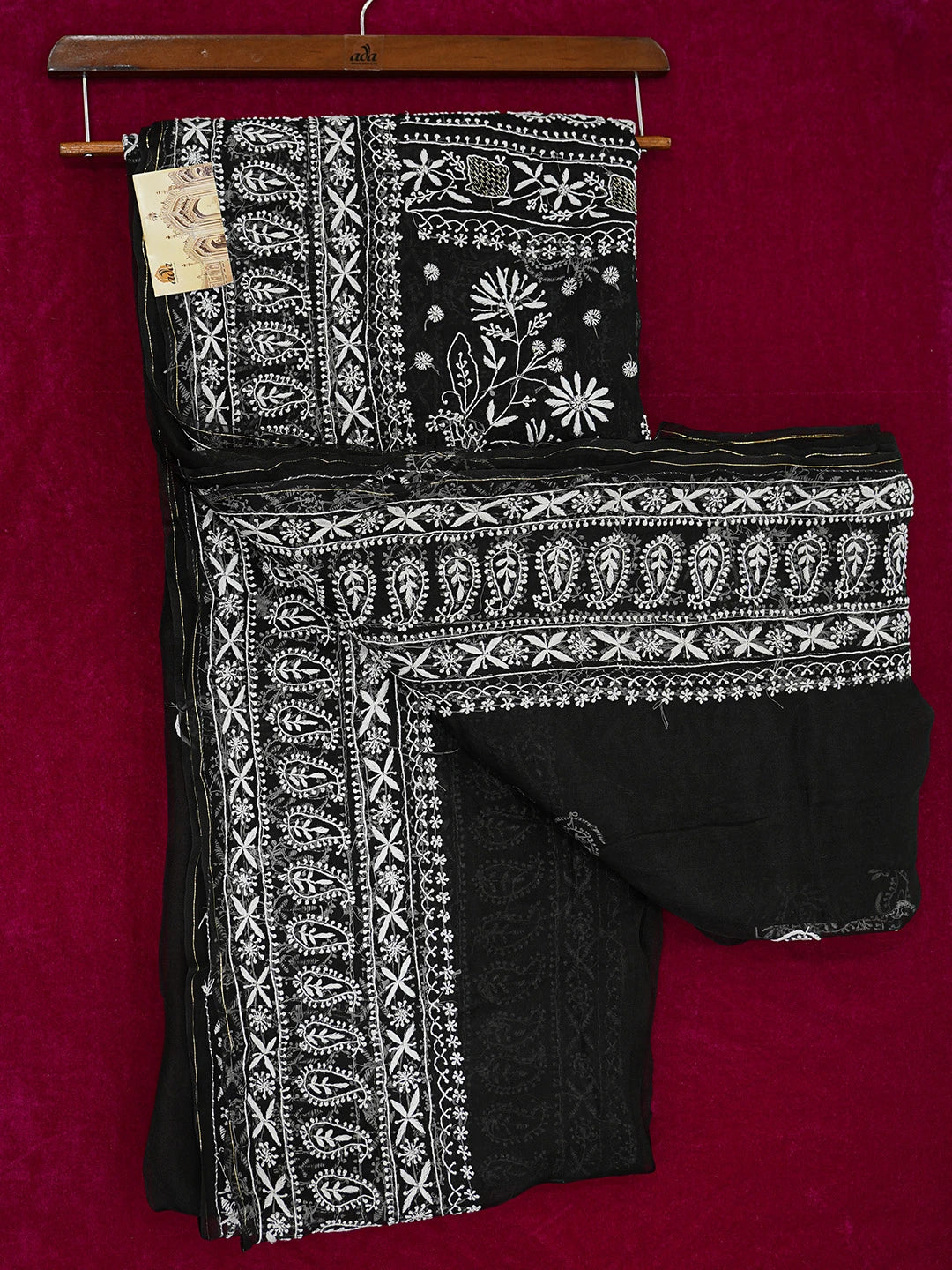 Ada Hand Embroidered Black Organza Lucknowi Chikankari Saree and Blouse With Zari Work 01A686993