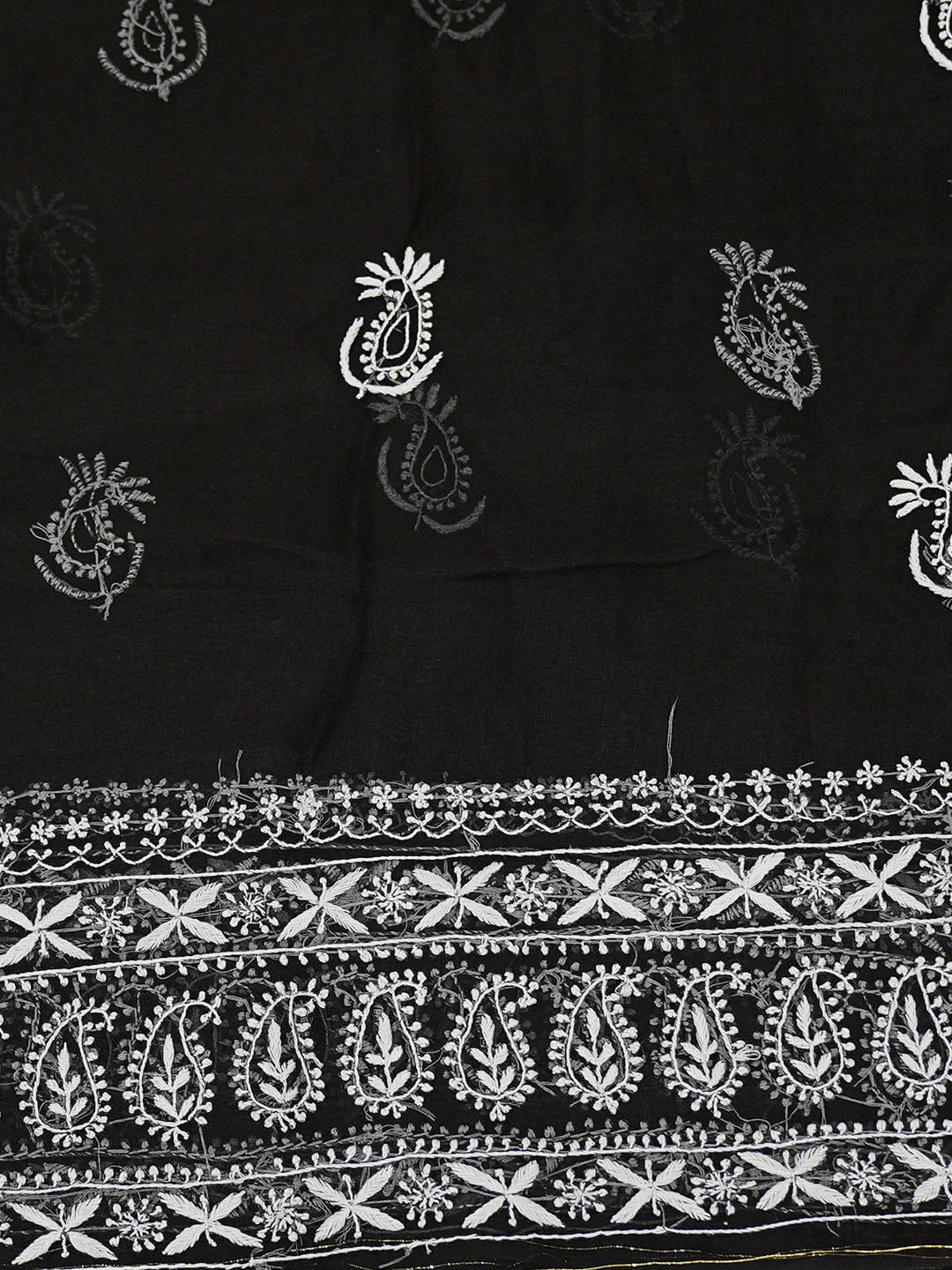 Ada Hand Embroidered Black Organza Lucknowi Chikankari Saree and Blouse With Zari Work 01A686993