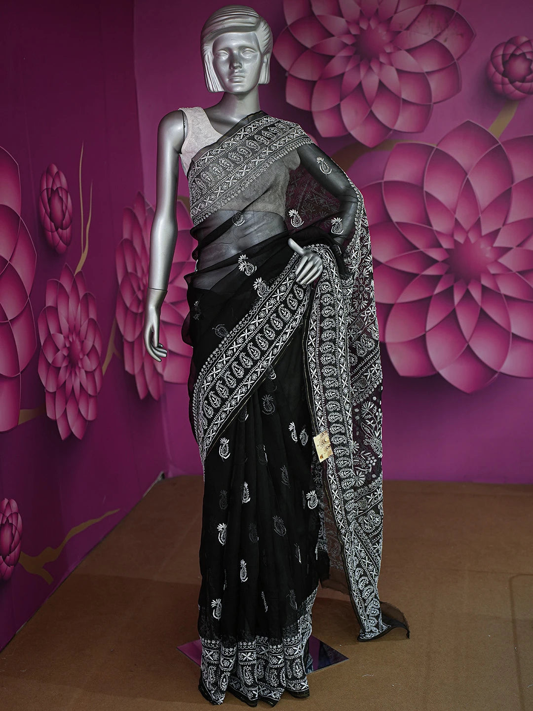 Ada Hand Embroidered Black Organza Lucknowi Chikankari Saree and Blouse With Zari Work 01A686993