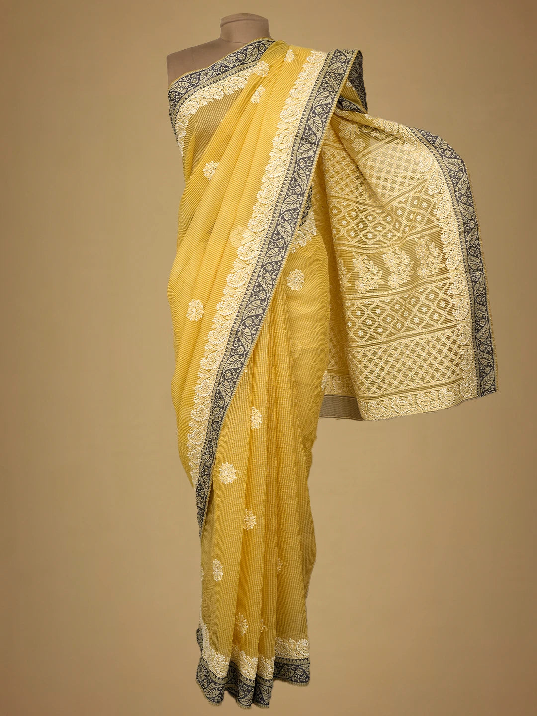 Ada Hand Embroidered Biscuit Yellow Chanderi Lucknowi Chikankari Saree and Blouse 01A719820