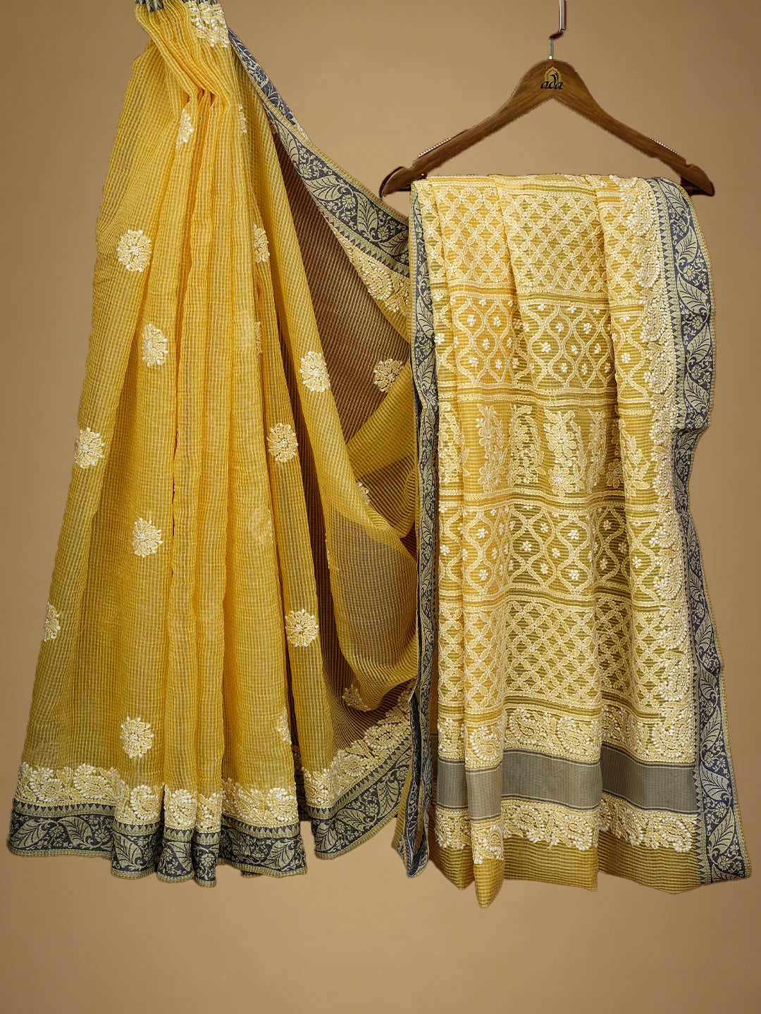 Ada Hand Embroidered Biscuit Yellow Chanderi Lucknowi Chikankari Saree and Blouse 01A719820
