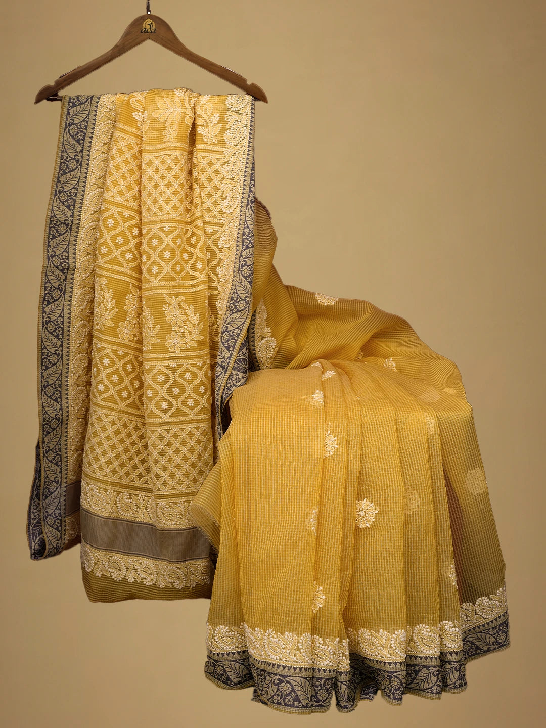 Ada Hand Embroidered Biscuit Yellow Chanderi Lucknowi Chikankari Saree and Blouse 01A719820