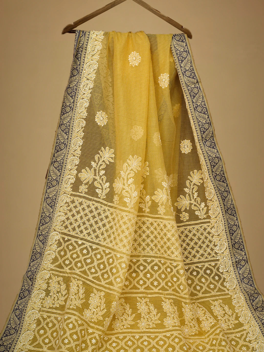 Ada Hand Embroidered Biscuit Yellow Chanderi Lucknowi Chikankari Saree and Blouse 01A719820
