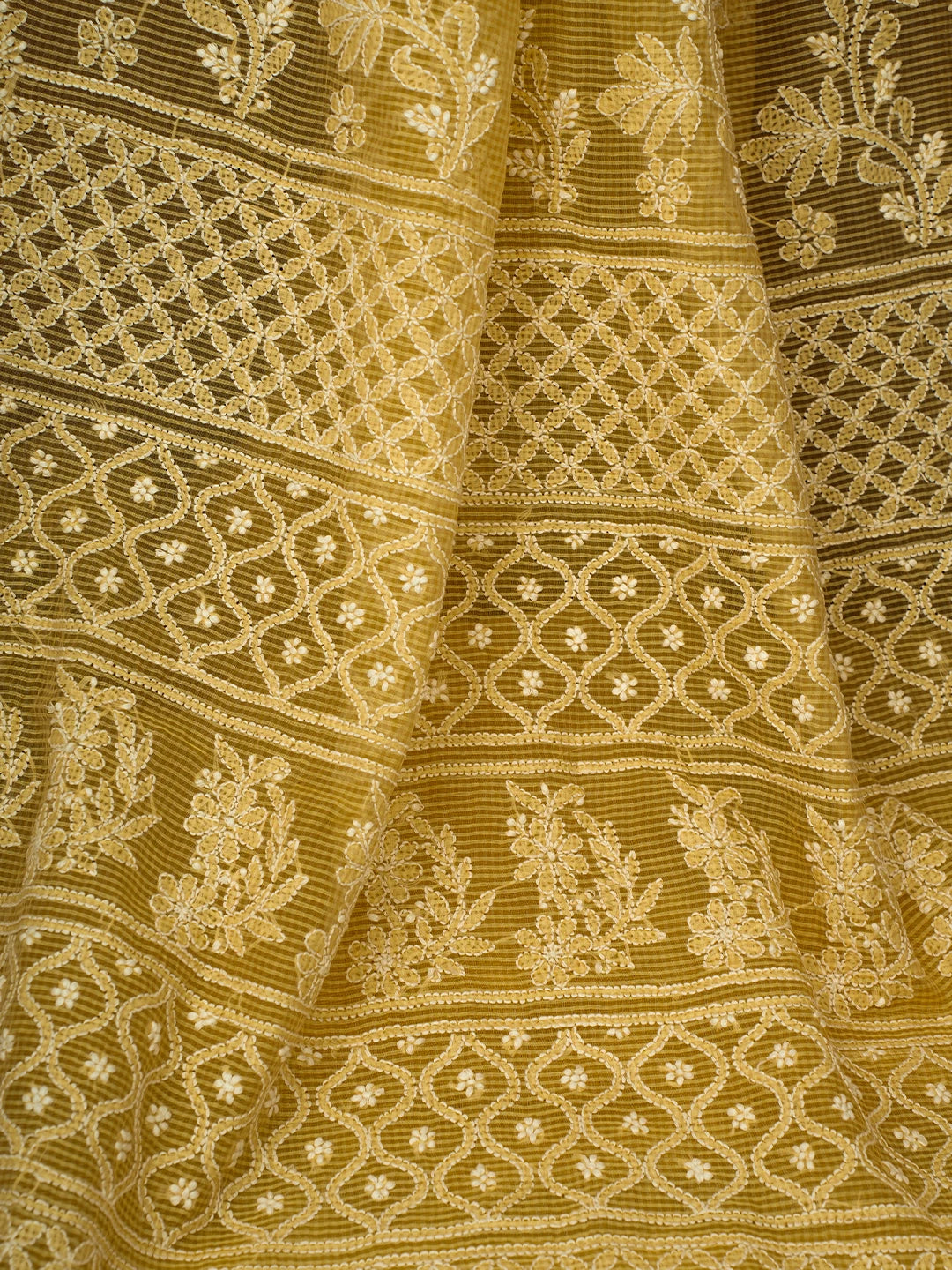 Ada Hand Embroidered Biscuit Yellow Chanderi Lucknowi Chikankari Saree and Blouse 01A719820