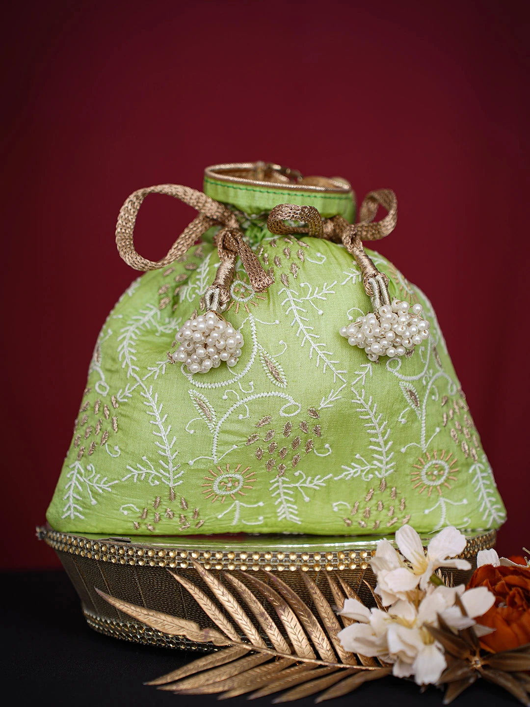 Ada Hand Embroidered Green Silk Lucknowi Chikankari Potli Bag With Zari Work 01A662353
