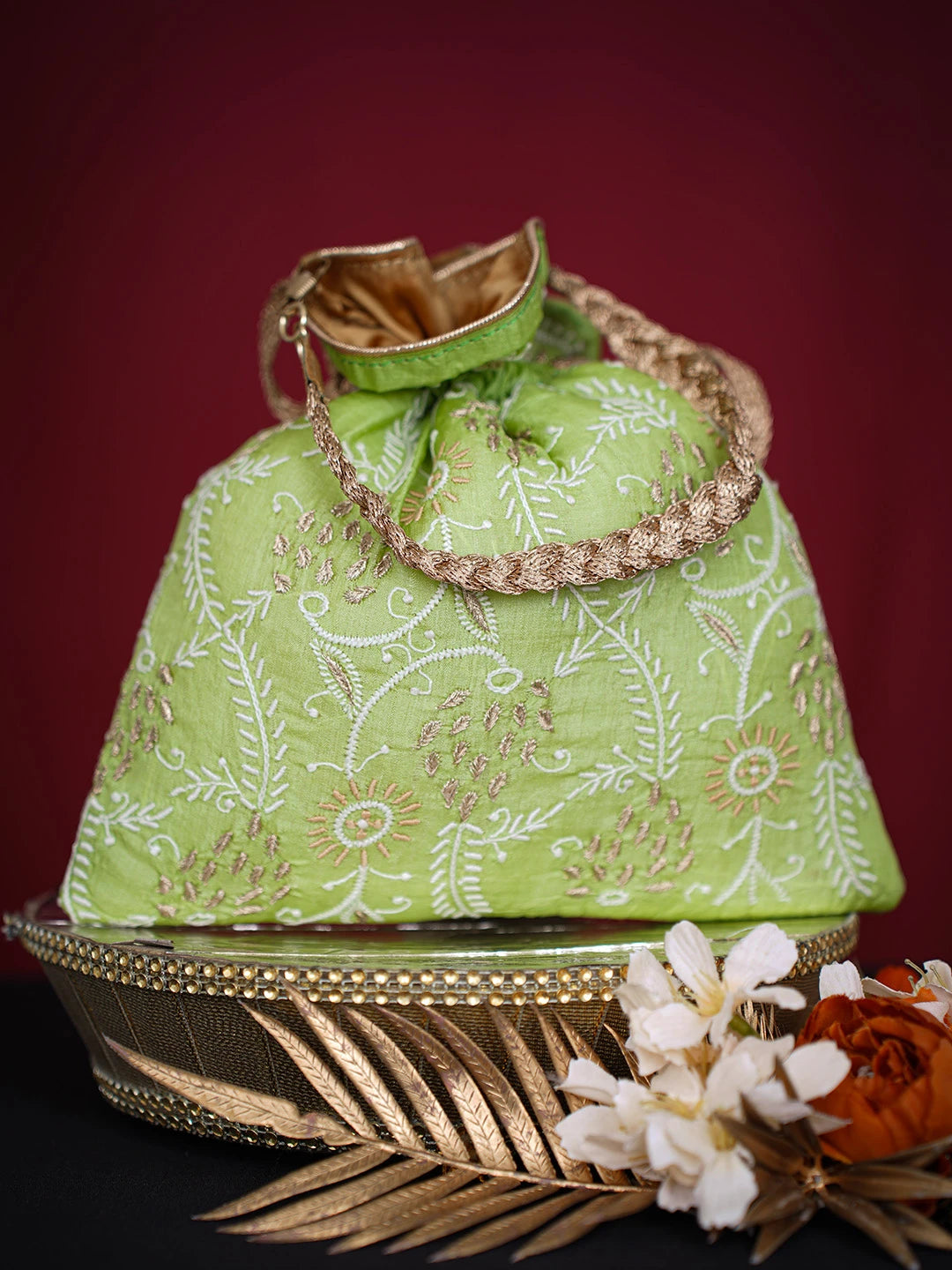Ada Hand Embroidered Green Silk Lucknowi Chikankari Potli Bag With Zari Work 01A662353