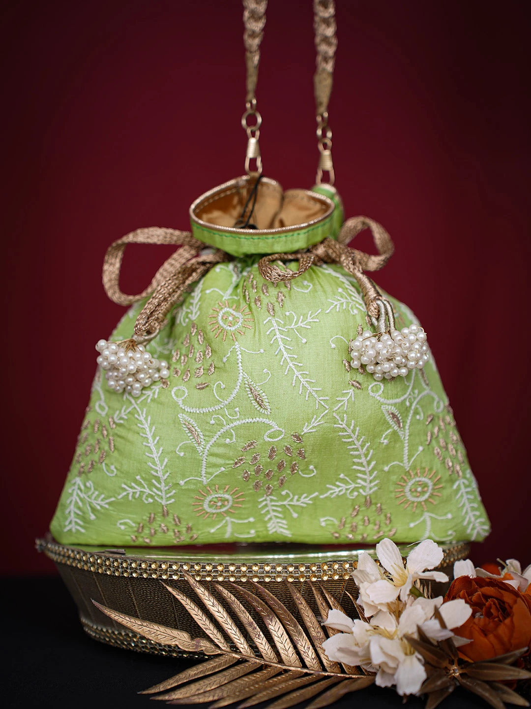 Ada Hand Embroidered Green Silk Lucknowi Chikankari Potli Bag With Zari Work 01A662353