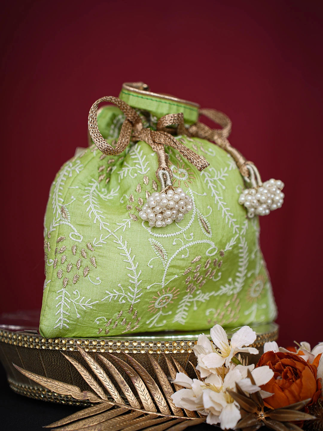 Ada Hand Embroidered Green Silk Lucknowi Chikankari Potli Bag With Zari Work 01A662353