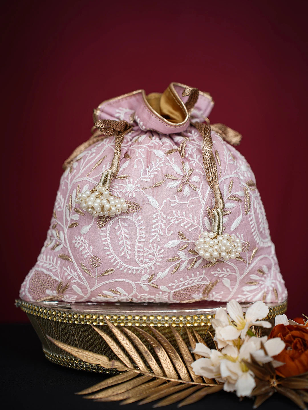 Ada Hand Embroidered Pink Silk Lucknowi Chikankari Potli Bag With Zari Work 01A696513
