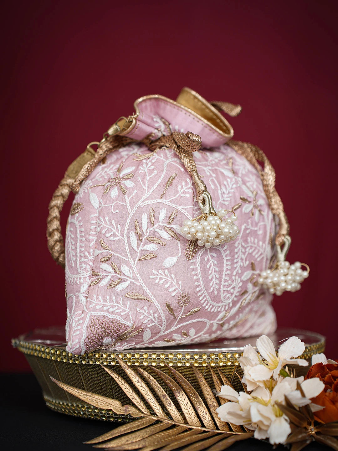 Ada Hand Embroidered Pink Silk Lucknowi Chikankari Potli Bag With Zari Work 01A696513